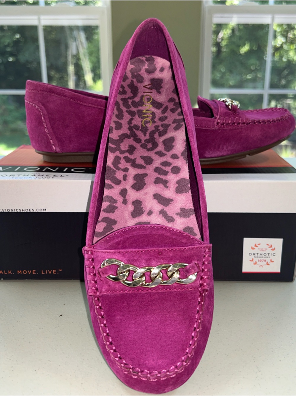 Vionic Magenta Suede Chain-Trim Loafers
